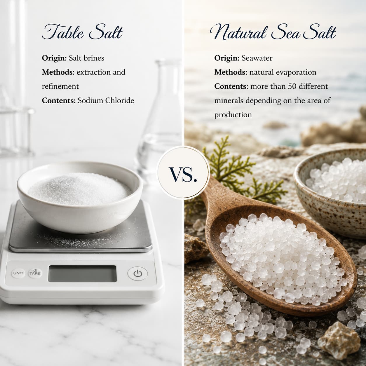 Refined table salt vs unrefined sea salt minerals comparison