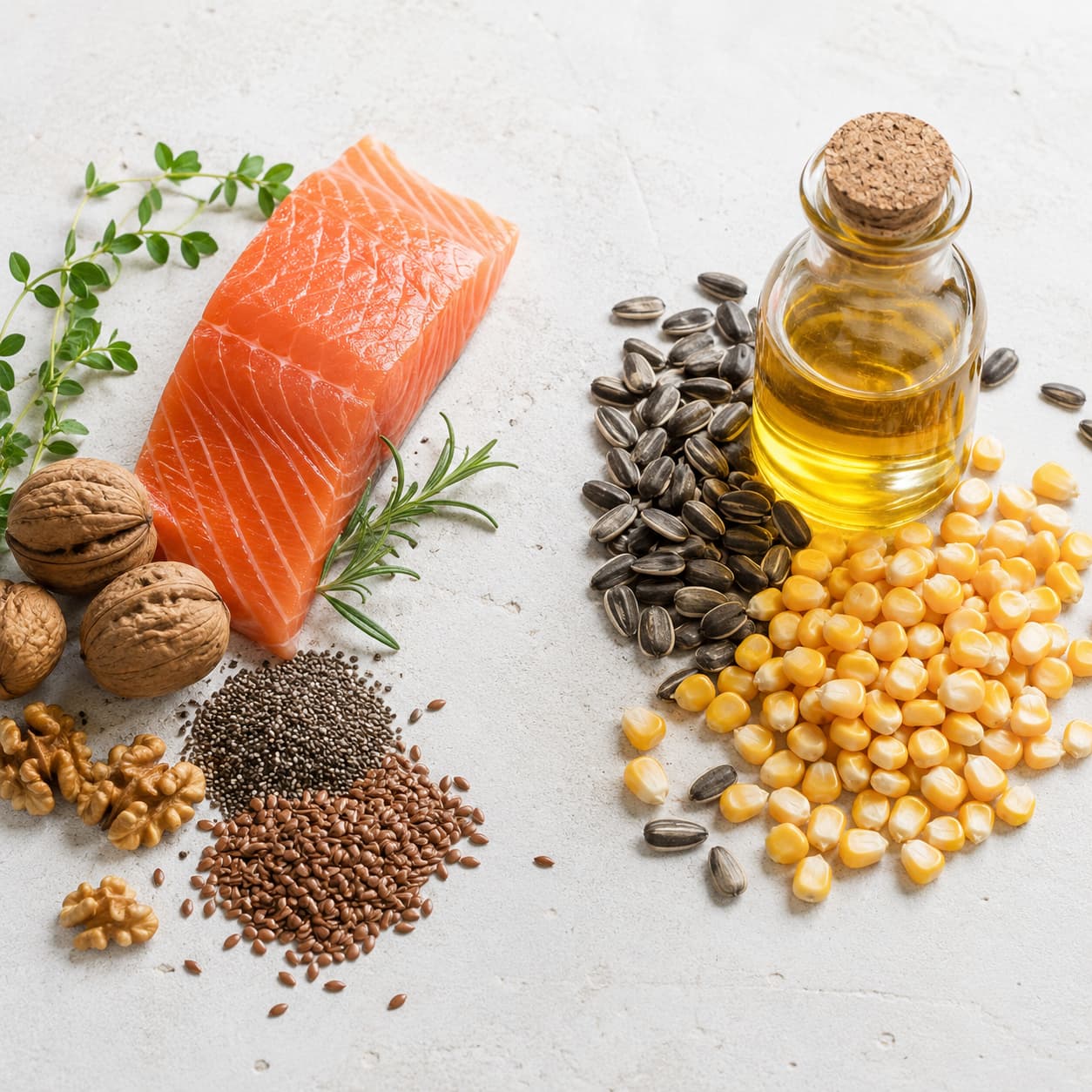 Healthy foods illustrating the ideal omega 6 3 ratio for optimal body health