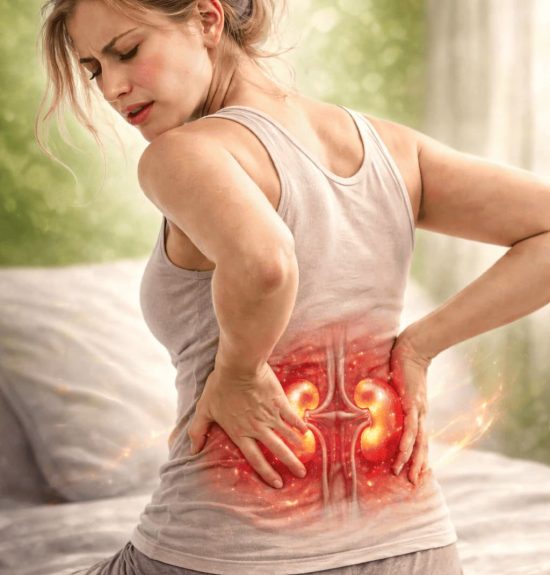 Woman holding her lower back while considering whether her kidneys are thriving or struggling.