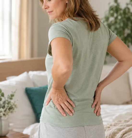 Woman holding her lower back while considering whether her kidneys are thriving or struggling.