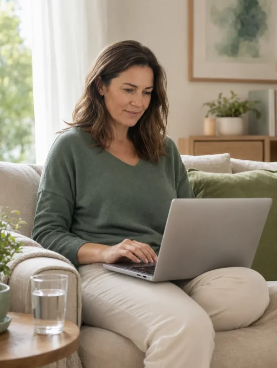 Woman completing an online assessment to discover whether her kidneys are thriving or struggling.